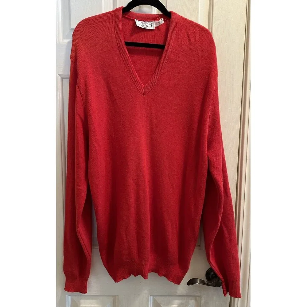 Vintage Jantzen Knit Sweater Red V-Neck Mens Size XL Tall Made In‎ USA